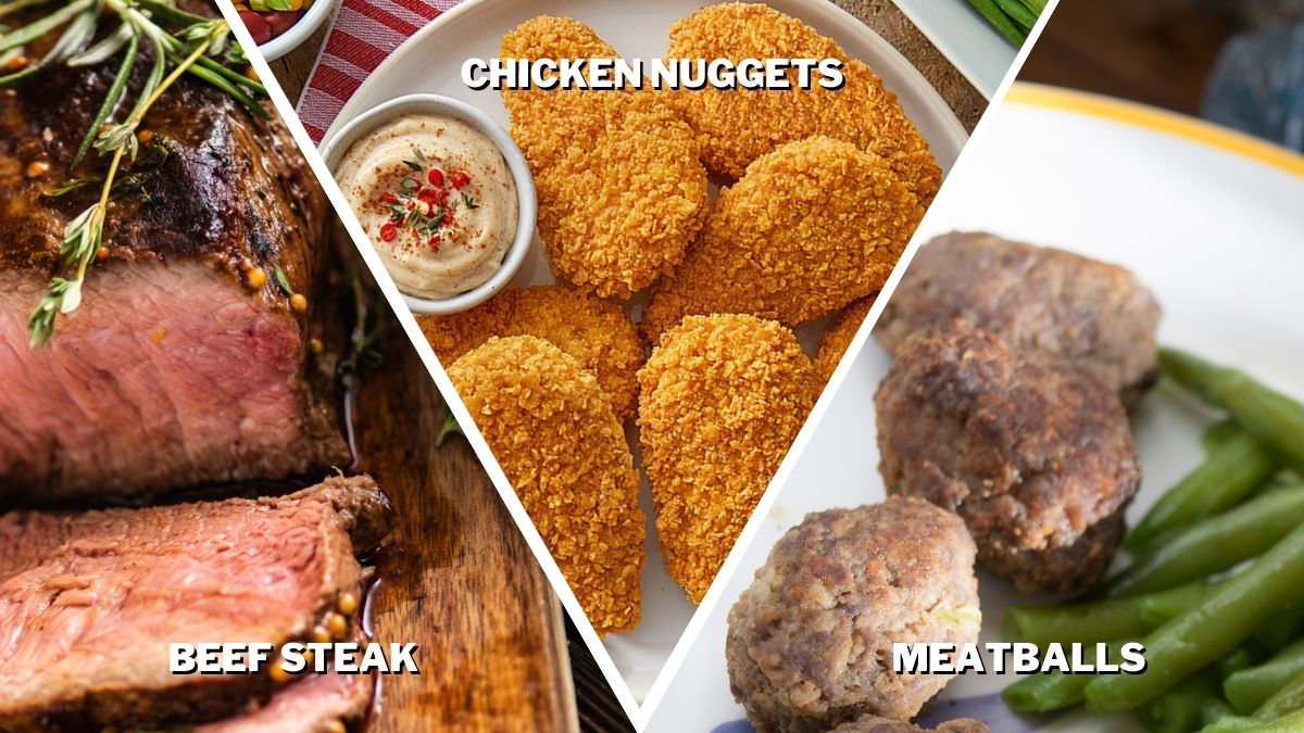 beef steak, chicken nuggets, and meatballs as options to serve with green bean casserole
