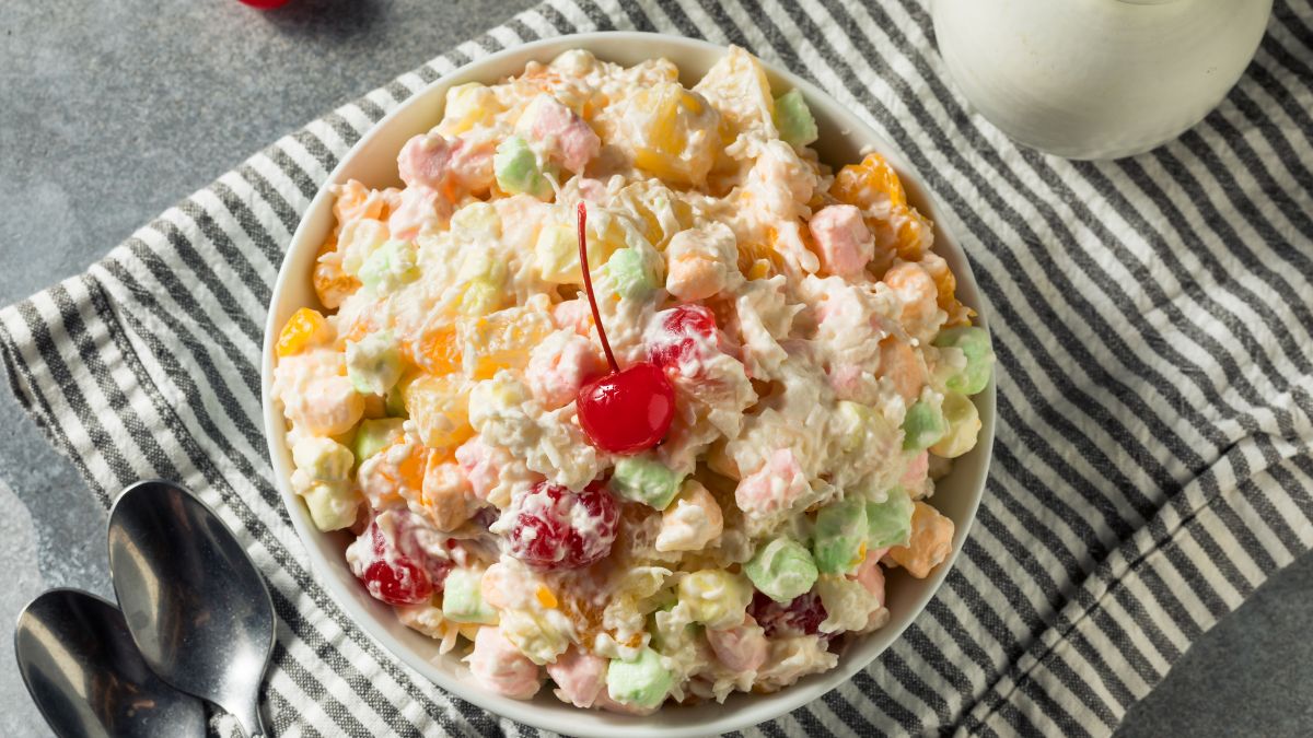 a bowl of Colorful Lightened Ambrosia Salad