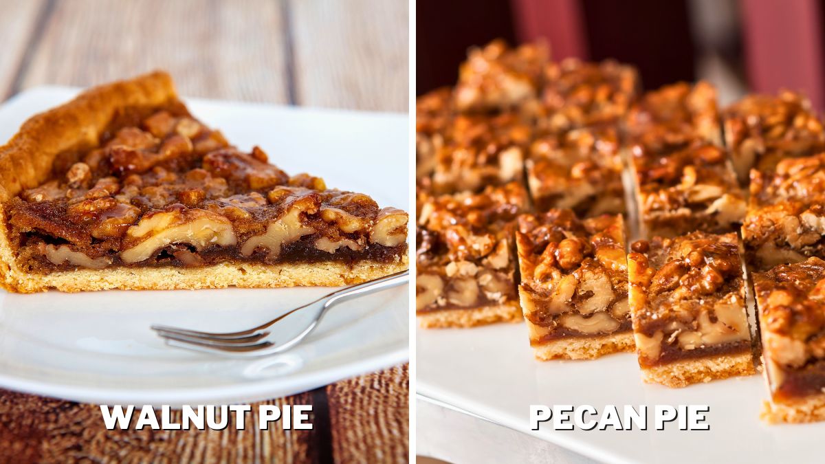 a triangle piece of Walnut Pie vs. square-shaped pieces of Pecan Pie