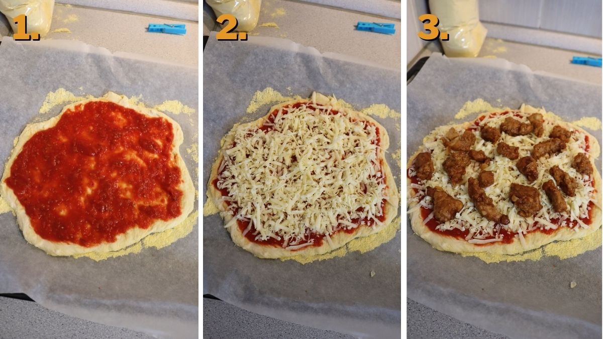 assembling the pizza