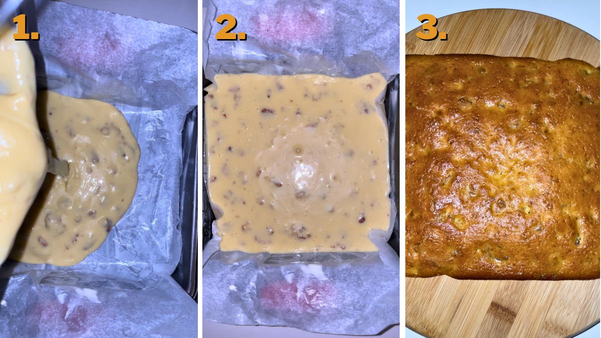 baking process in steps, mainly, pouring the batter into the prepared baking tray, and leveling it, the last photo shows the baked cake