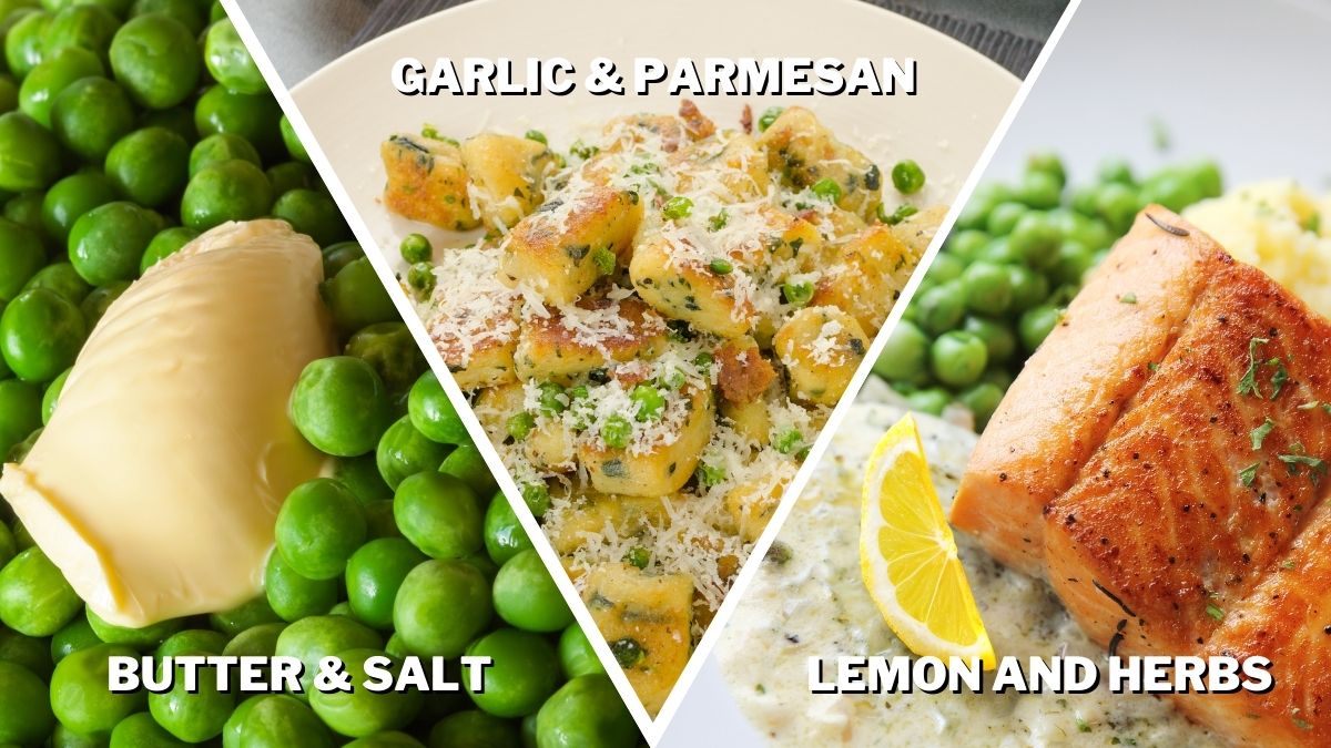 butter salt garlic parmesan or lemon herbs are good seasonings for frozen peas