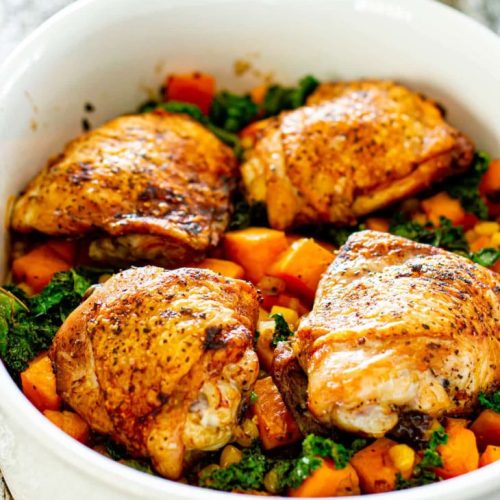 chicken thighs with sweet potatoes and kale bake 1 7 730x913 1