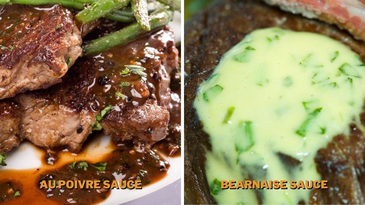 close-ups of au poivre and bearnaise sauce compared
