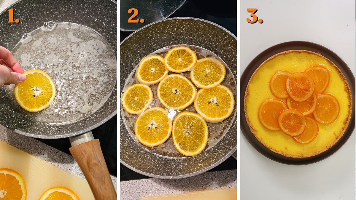 cooking the topping for orange cheesecake