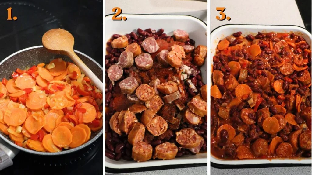 how to make kidney bean bake with sausages and bacon