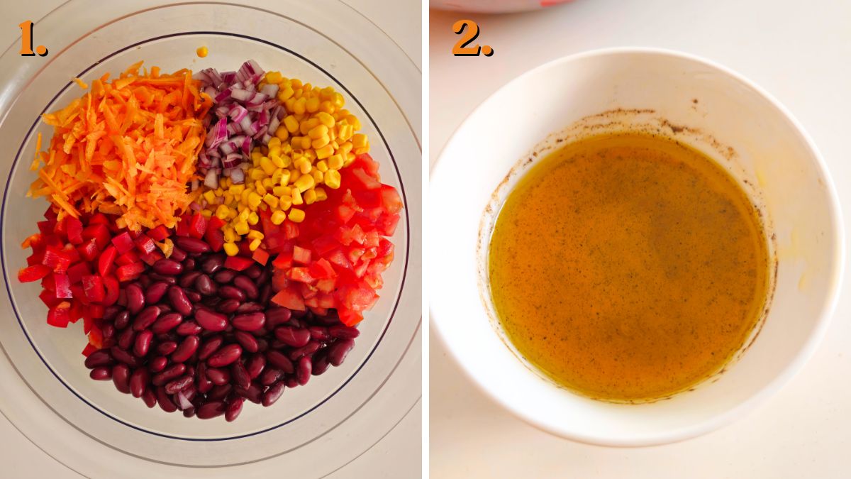 ingredients and dressing for kidney bean salad