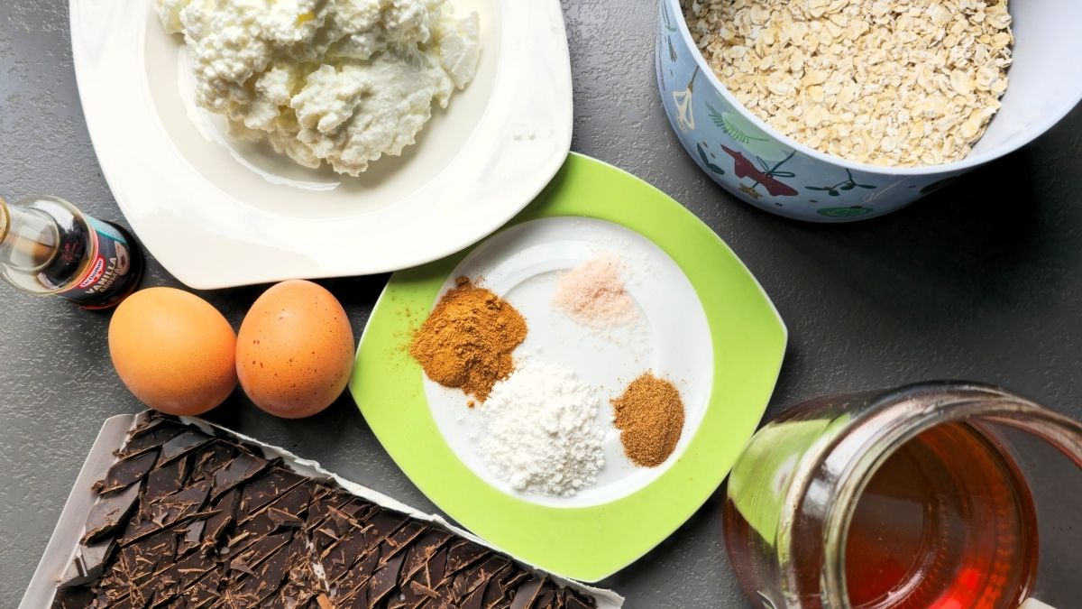 ingredients for chocolate chip cottage cheese healthy muffins