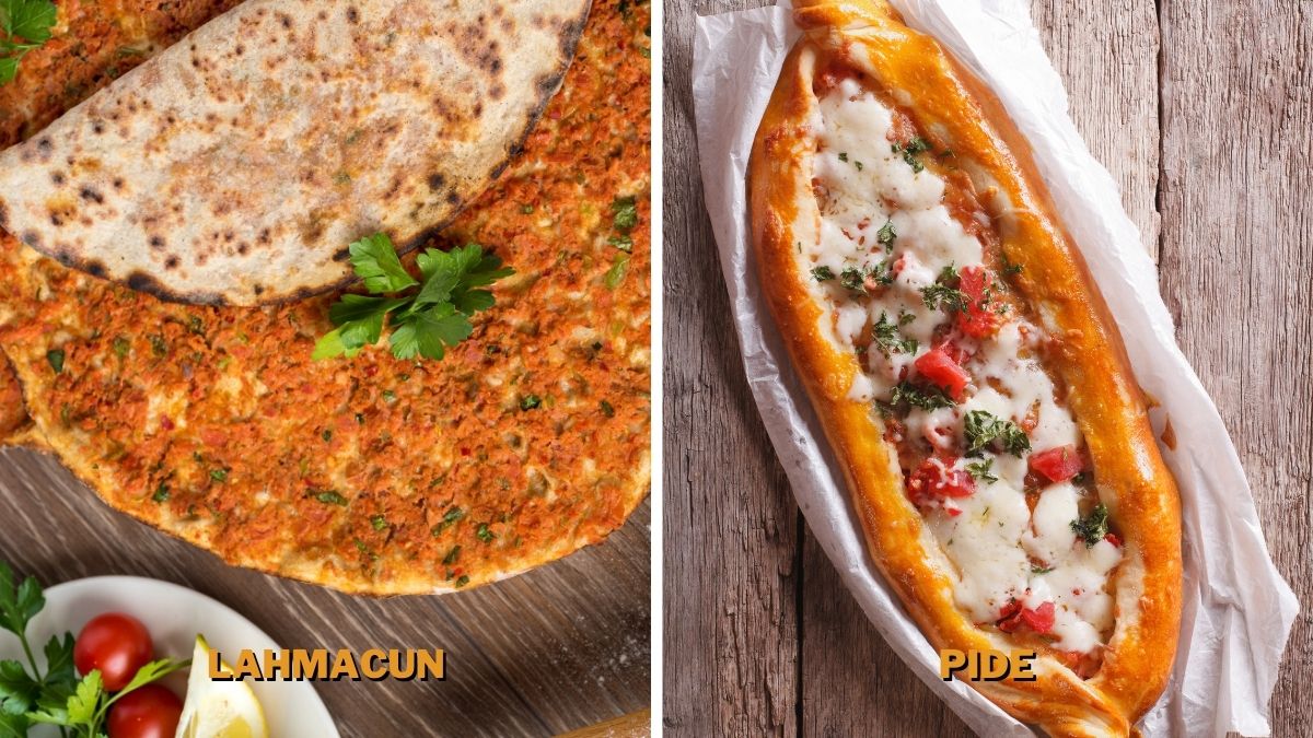 Lahmacun is created in a round shape, whereas pide takes on the classic boat shape.