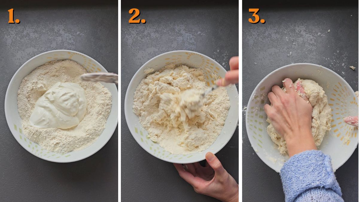 making the dough for bagels greek yogurt and flour