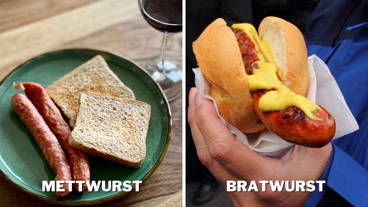 mettwurst on plate with bread next to a glass of wine and bratwurst grilled in a hot dog bun with mustard
