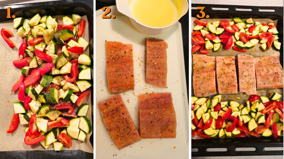 oven grilled salmon with vegetables in making