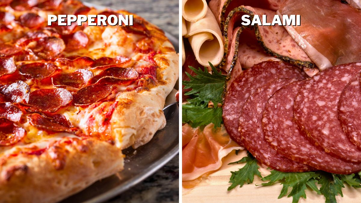 pepperoni on pizza and salami on charcuterie board