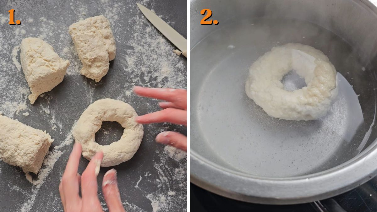 shaping and cooking the greek yogurt bagels