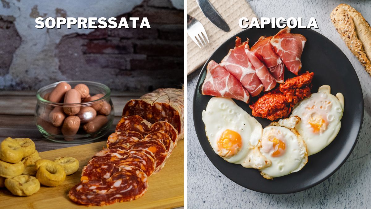 soppressata served on a board vs. capicola served with ajvar and fried eggs