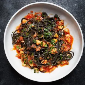 squid ink pasta with shrimp nduja and tomato