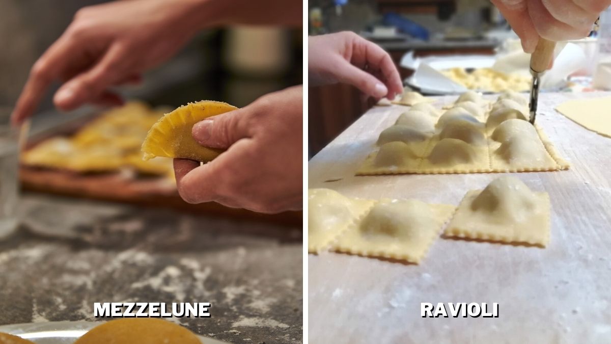 the difference in the making processes of mezzelune and ravioli